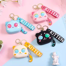 Cute Big Eyes Cat Silicone Coin Purse with Keyring Kawaii Kids Coin Bag Portable Data Cable Earphone Organizer Coin Key Pouch