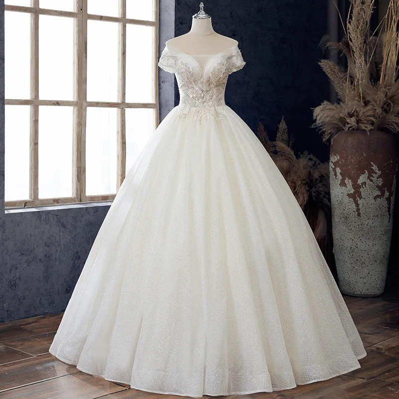 Sequins Appliques Wedding Dress Boat Neck Short Sleeves Lace Up Floor-Length Luxurious Ball Gown Party Formal Gown Woman B2129
Sequins Appliques Wedding Dress Boat Neck Short Sleeves Lace Up Floor-Length Luxurious Ball Gown Party Formal Gown Woman B2129