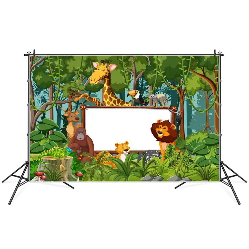 

Jungle Forest Animals Safari Party Decoration Photography Backdrops Banner Custom Vine Lion Tree Baby Birthday Photo Background