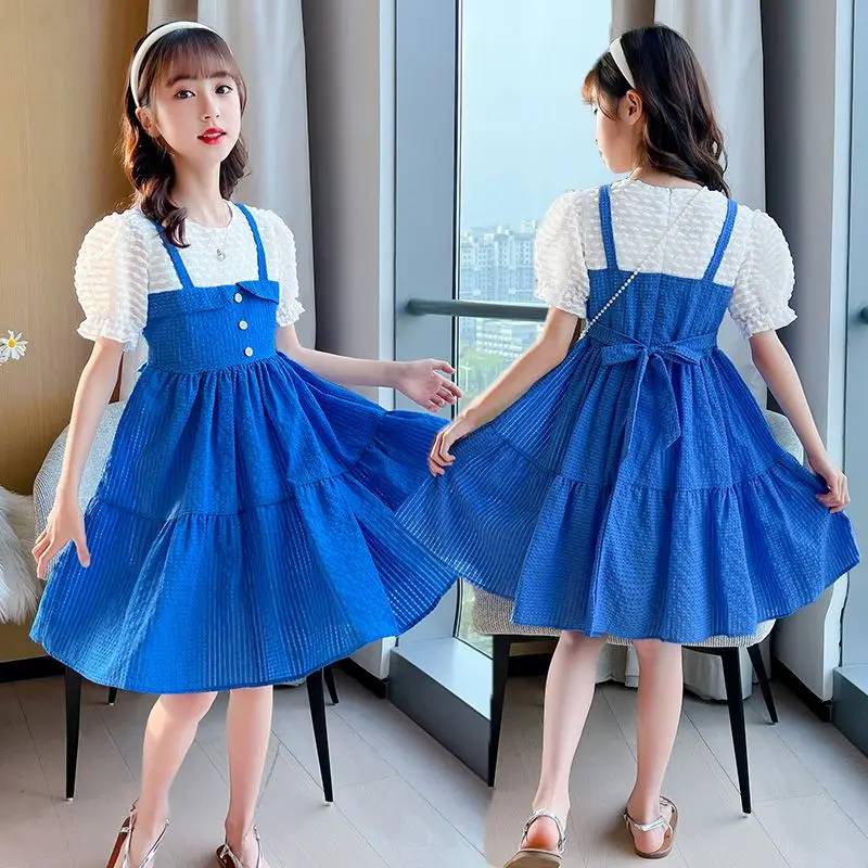

Girls Fake Two Piece Dress Summer 2023 New Fashion Girls' Korean Edition Children's Clothing Suspended Princess Dress 8 12 Years