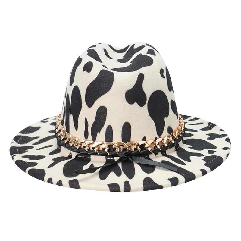 Women Men's Cowboy Hats Cow Print Hat Wide Brim Classic Jazz Fedora Hat with Chain Decor
Women Men's Cowboy Hats Cow Print Hat Wide Brim Classic Jazz Fedora Hat with Chain Decor