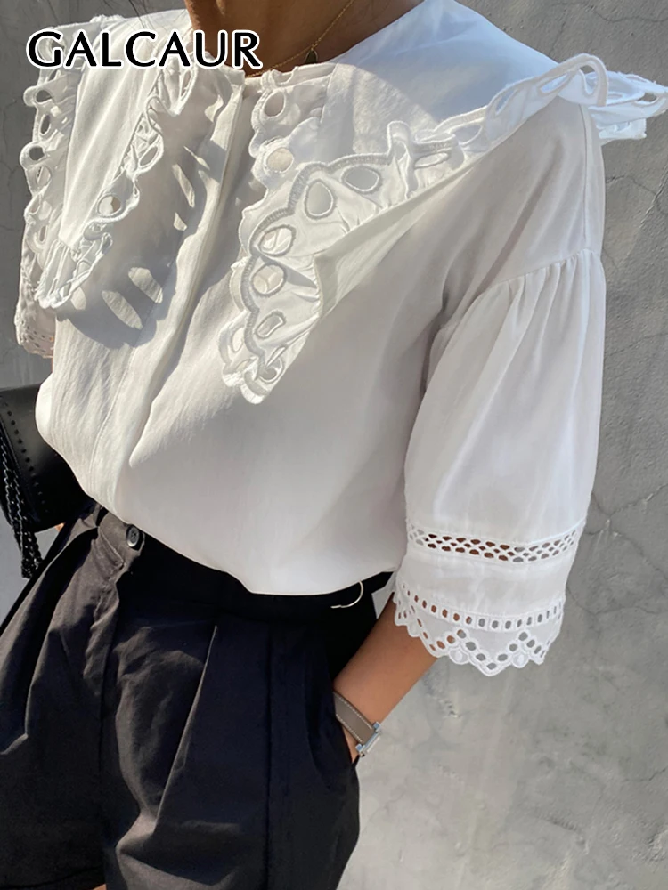GALCAUR Ruched Sweet Shirts For Women Peter Pan Collar Short Sleeve Loose Hollow Out Solid Folds Korean Summer Blouse Female New 
GALCAUR Ruched Sweet Shirts For Women Peter Pan Collar Short Sleeve Loose Hollow Out Solid Folds Korean Summer Blouse Female New