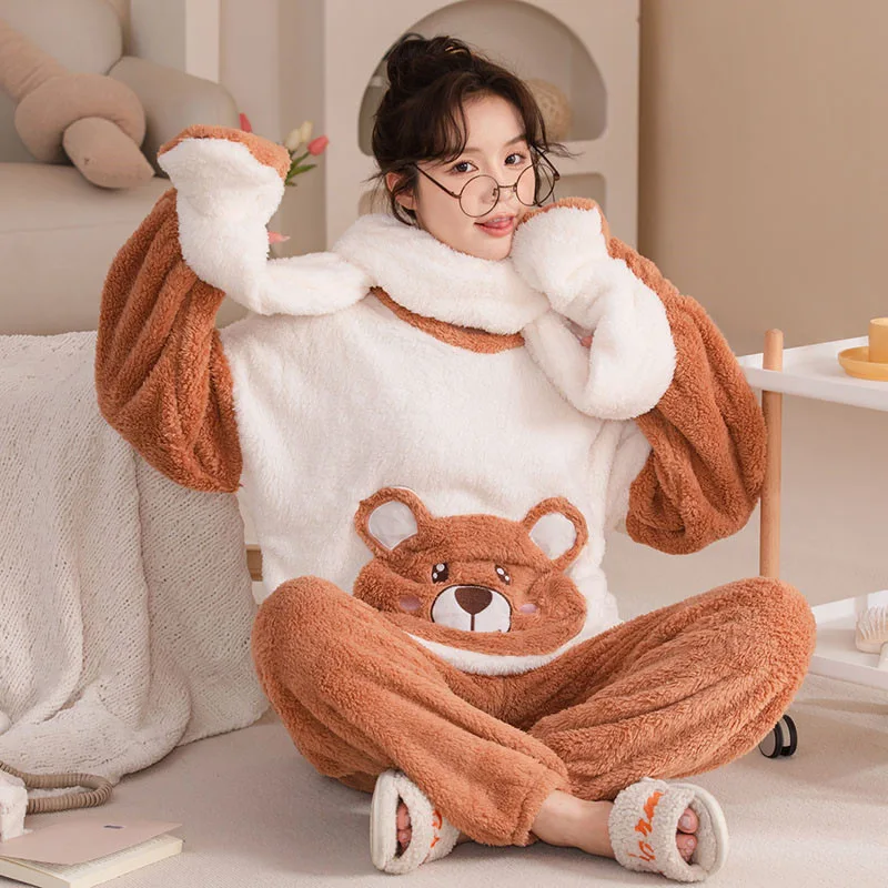 Winter Women Pajamas Sets Thicken Pijamas Femme Sleepwear Korean Girls Cartoon Bear With Neckerchief Pijama Set Flannel Soft
Winter Women Pajamas Sets Thicken Pijamas Femme Sleepwear Korean Girls Cartoon Bear With Neckerchief Pijama Set Flannel Soft