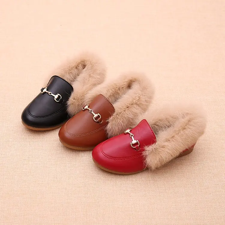 

Winter Kids Shoes Plush Fur Girl Princess Leather Shoes Warm Toddlers Baby Girls Loafers Fashion Casucal Flats 21-30 Black Red