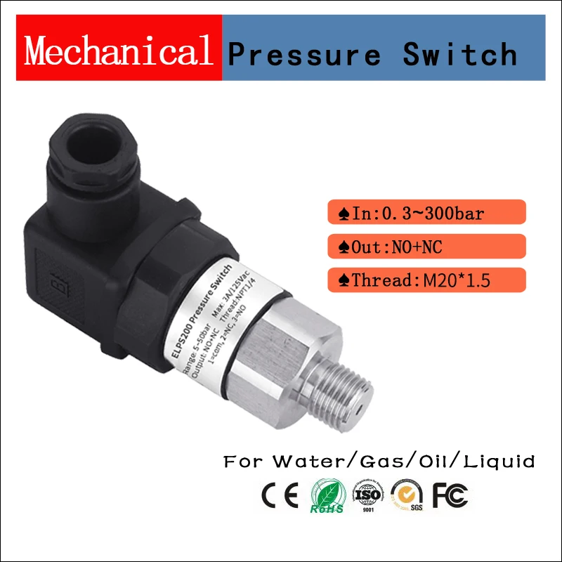 0.3-400Bar Hydraulic General Adjustable Pressure Switch Mechanical Gas Oil Water Piston M20*1.5 Pressure Control Switch
0.3-400Bar Hydraulic General Adjustable Pressure Switch Mechanical Gas Oil Water Piston M20*1.5 Pressure Control Switch