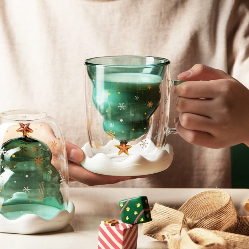 

Рождественская двухслойная стеклянная чашка в форме снежинки, утолщенная, с защитой от ожогов, рождественские подарки, кружка с елкой, креативная 3D кружка для кофе, чашка для молока и сока