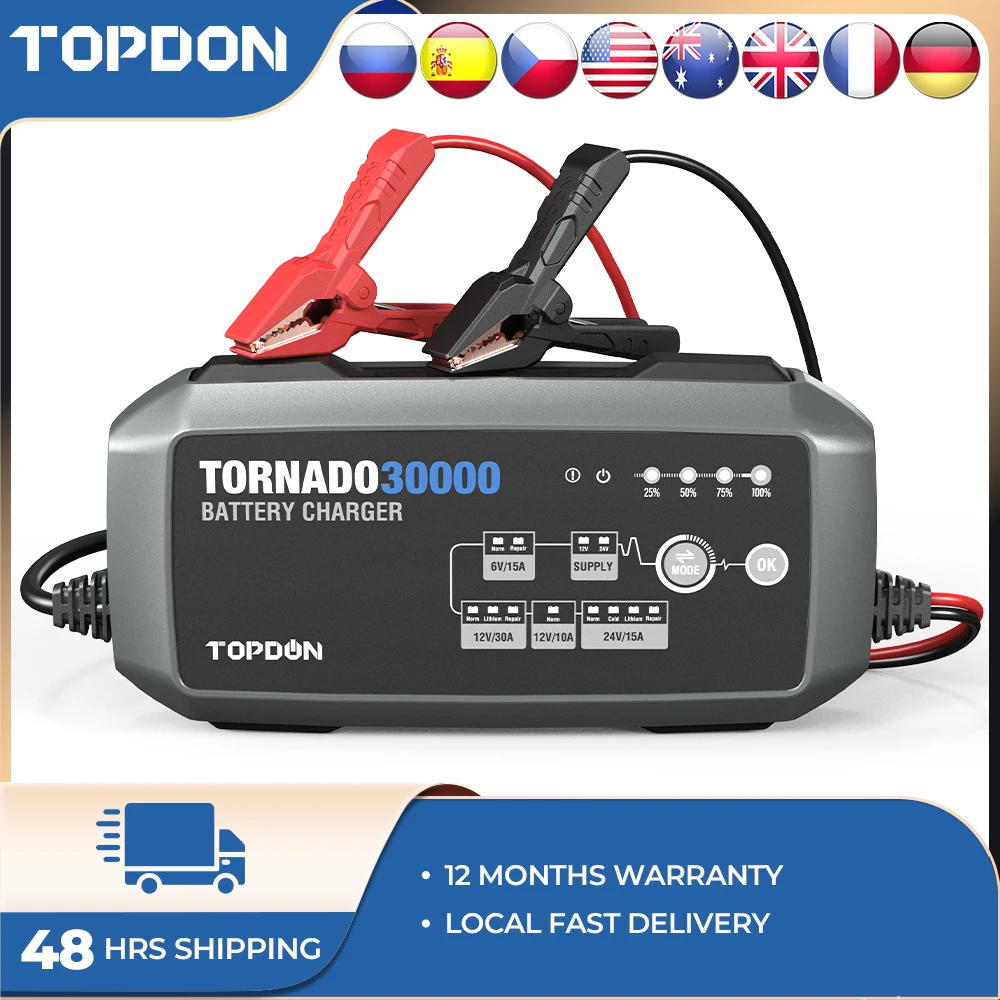 

Topdon T30000 Car Battery Charger Repair 6V/12V/24V Automatic Lead Acid Lithium Batteries Charger IP65 Car Motorcycle Restorer