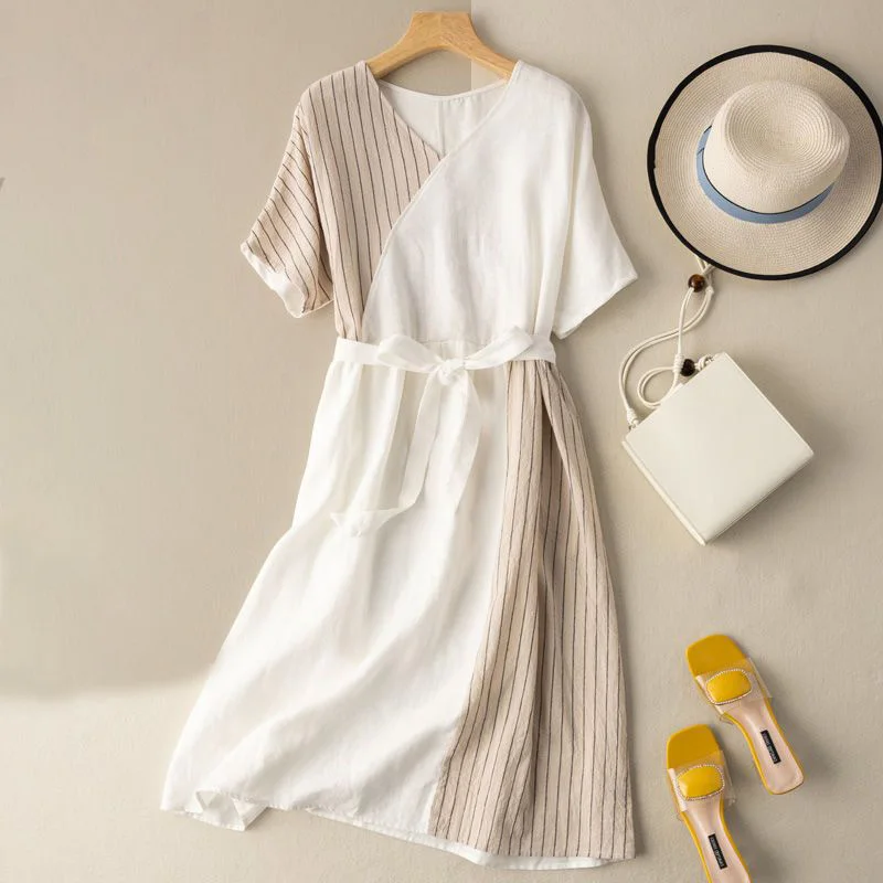 Stylish V-Neck Spliced Loose Bandage Bow Striped Midi Dress Women Clothing 2023 Summer New Oversized Short Sleeve Casual Dresses
Stylish V-Neck Spliced Loose Bandage Bow Striped Midi Dress Women Clothing 2023 Summer New Oversized Short Sleeve Casual Dresses