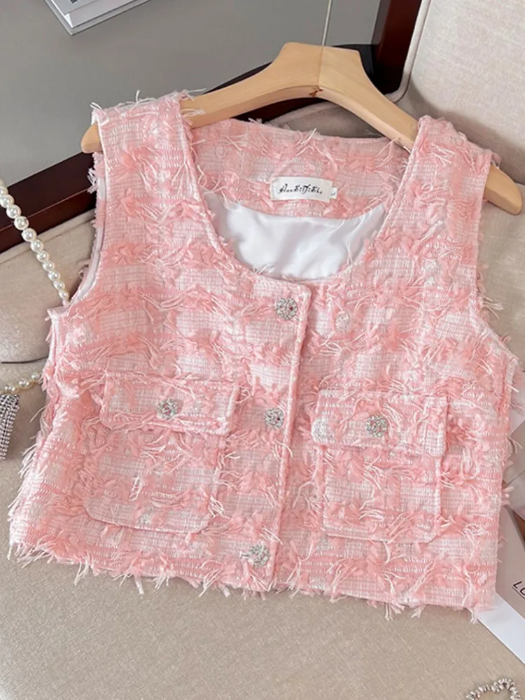 Runway Tweed Elegant Vintage Pink Vest Sleeveless Slim Pockets Waistcoat Ladies Fashion Women's Short Tank Jacket Outwear
Runway Tweed Elegant Vintage Pink Vest Sleeveless Slim Pockets Waistcoat Ladies Fashion Women's Short Tank Jacket Outwear