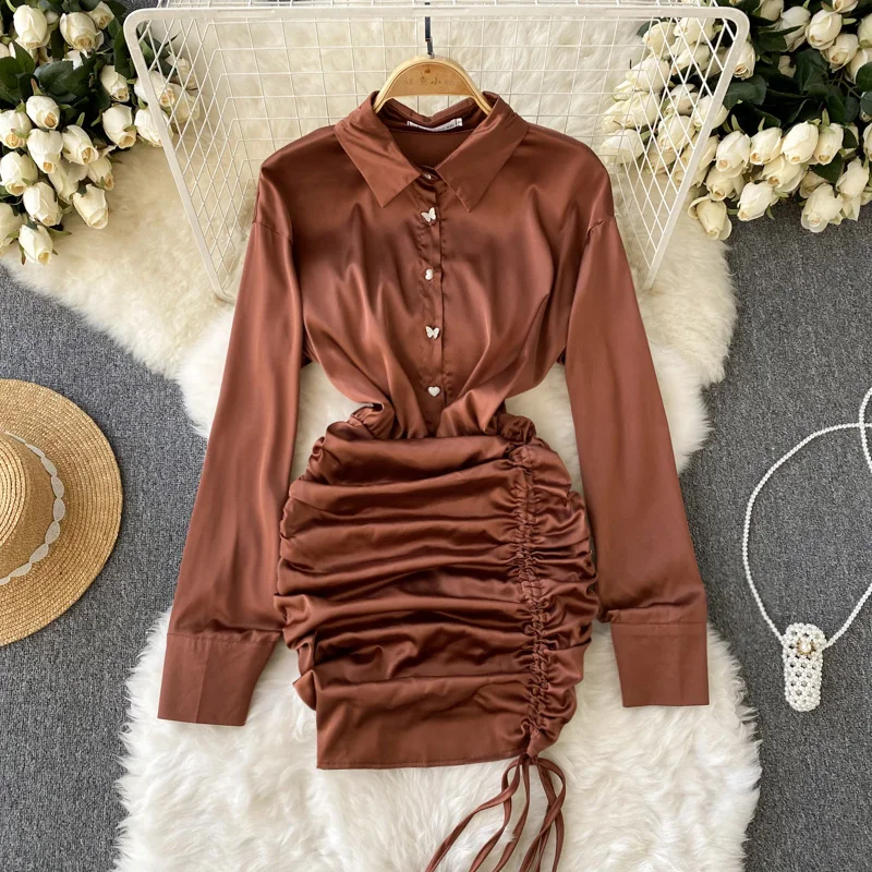 French Chic Satin Dress Long Sleeves Dresses Shirring Female Turn-Down-Collar New Autumn Vestidos Women Clothes Dropshipping
French Chic Satin Dress Long Sleeves Dresses Shirring Female Turn-Down-Collar New Autumn Vestidos Women Clothes Dropshipping