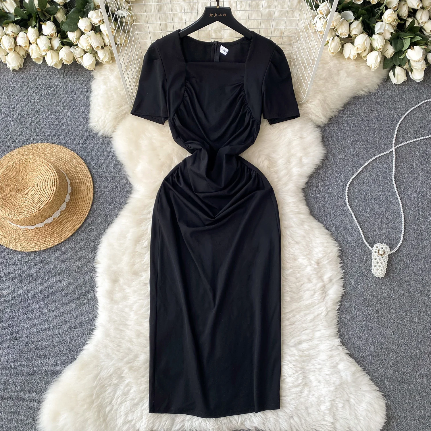 Korean Fashion Women Black Short Sleeve Summer Dress 2023 Elegant Square Neck Pleated High Waist Slim Midi Bodycon Party Dress
Korean Fashion Women Black Short Sleeve Summer Dress 2023 Elegant Square Neck Pleated High Waist Slim Midi Bodycon Party Dress
