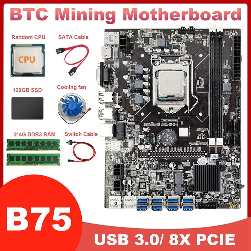B75 USB BTC Mining Motherboard+CPU+Fan+2X4G DDR3 RAM+120G SSD+SATA Cable+Switch Cable 8XPCIE USB3.0 LGA1155 ETH Miner
B75 USB BTC Mining Motherboard+CPU+Fan+2X4G DDR3 RAM+120G SSD+SATA Cable+Switch Cable 8XPCIE USB3.0 LGA1155 ETH Miner