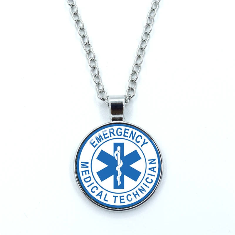 

Emergency Medical Technician Paramedic Symbol Logo Pendant Necklace Glass Dome Cabochon Blue Star of Life EMT Sign Jewelry Gift