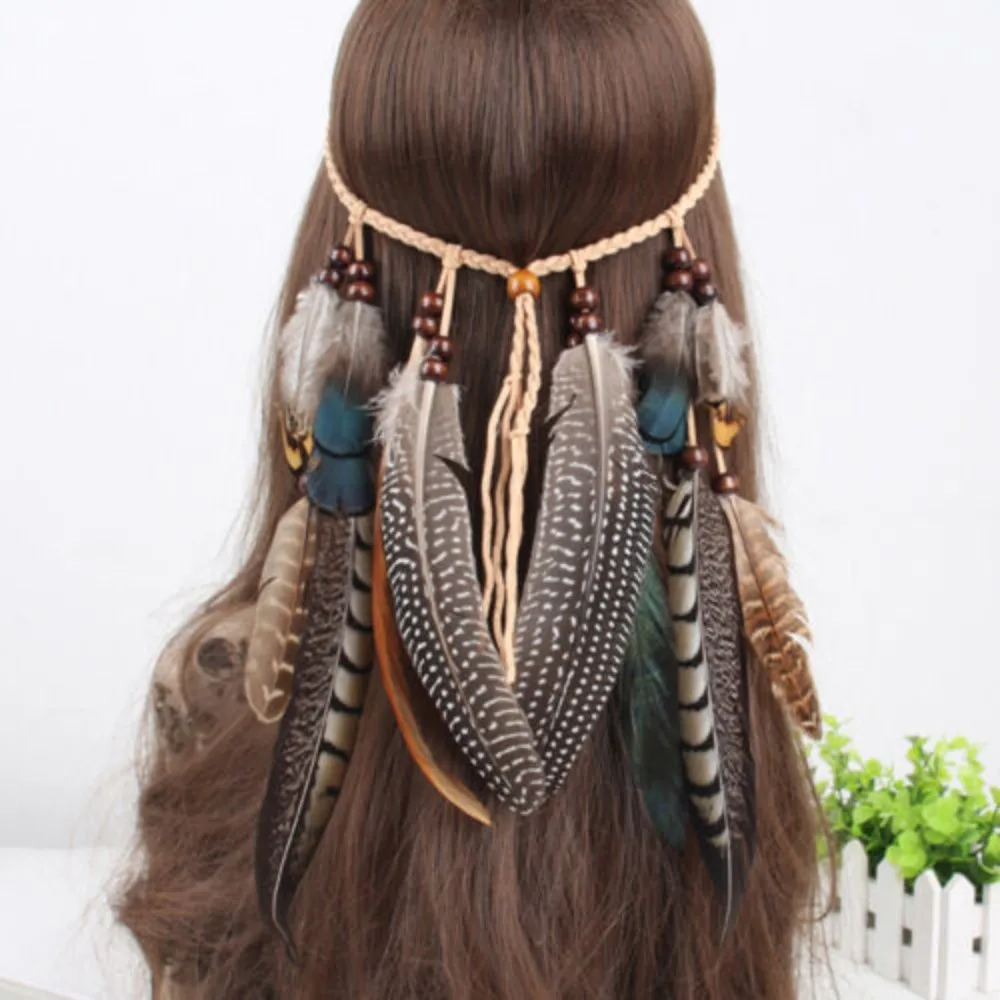 

Плетеная племенная веревка для волос, индийская племенная веревка для волос в стиле бохо, веревка для хиппи с кисточками и перьями