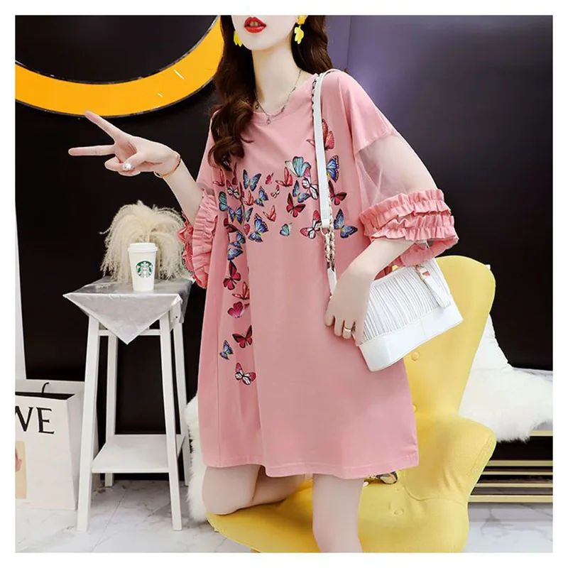 

Блузка женская с круглым вырезом, элегантная повседневная свободная газовая рубашка с оборками, с принтом, в Корейском стиле, лето 2023