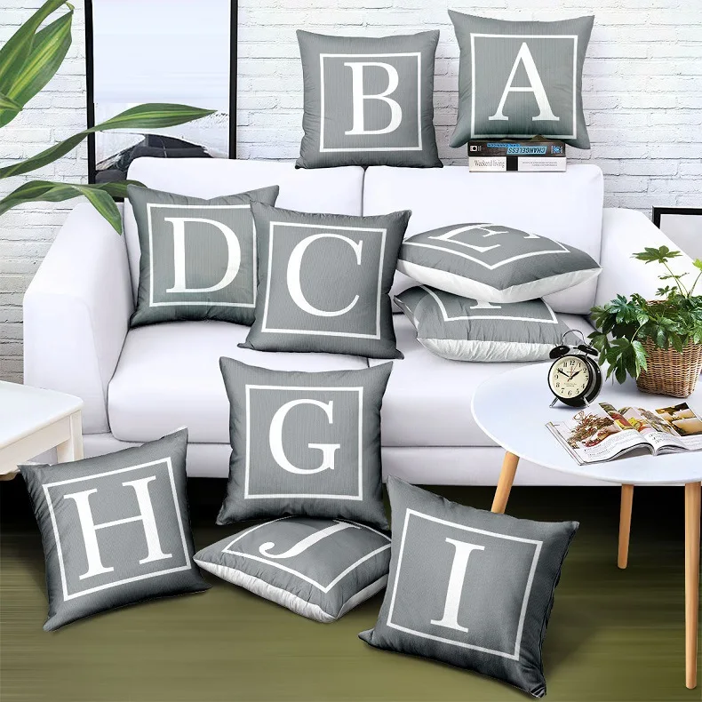 

Nordic Simple Gray English Alphabet Print Cushion Cover Grey Polyester Twill Fabric Pillows Case Sofa Couch Decorative Pillows