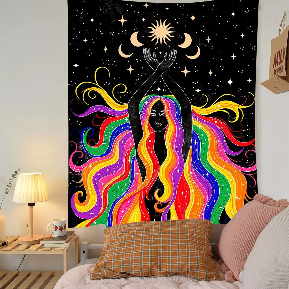 

Indian Moon Phase Girl Mandala Tapestry Wall Hanging Boho Decor Macrame Hippie Witchcraft Tapestry Wall Decoration Cloth Mural