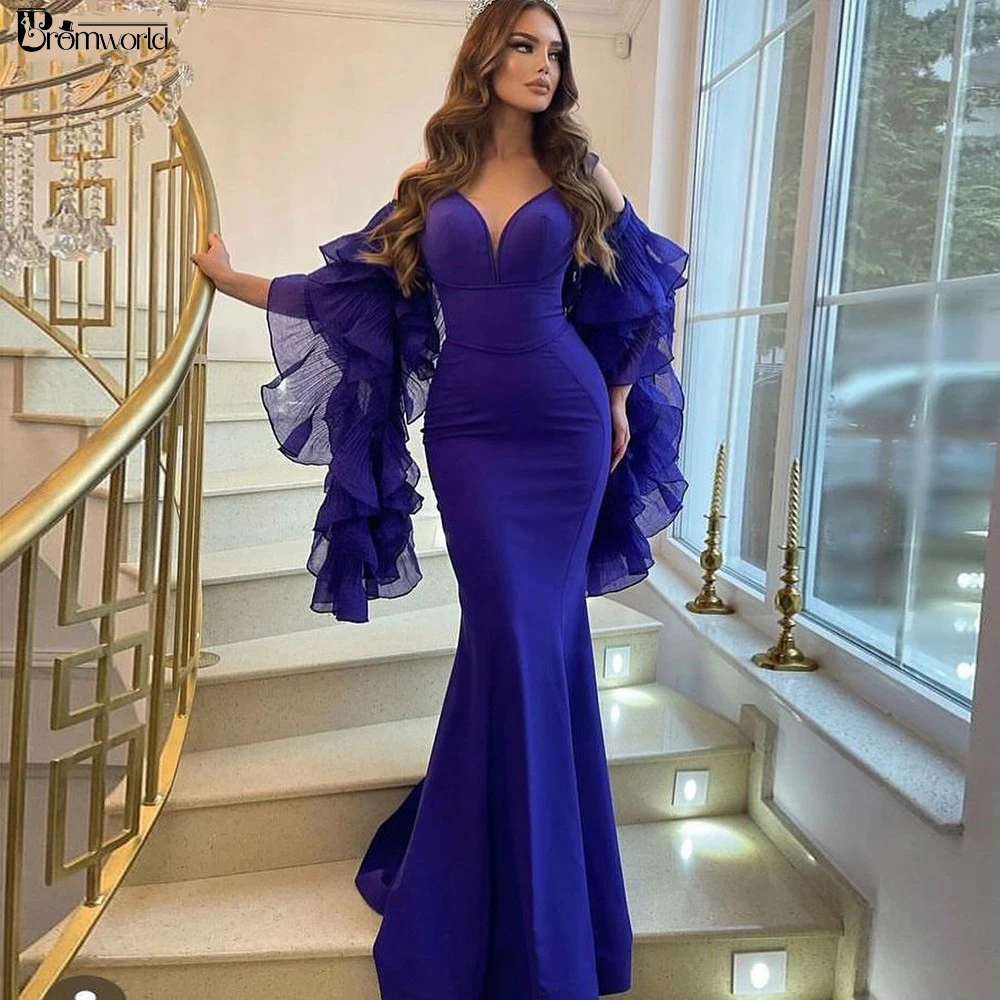 

Promworld Mermaid Dubai Arabic Evening Dresses Ruffles Long Sleeves Sexy V-Neck Women Formal Special Party Gowns Pageant Dress