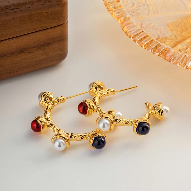 

Minar Vintage Multicolor Simulated Pearl Glass Strand Hoop Earrings for Women 14K Gold Plating Brass Hammer Tone C Shape Earring