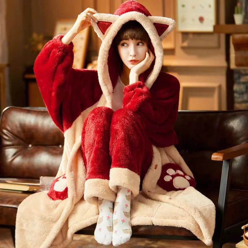 Autumn Winter Women Hooded Pajama Sets Thicken Warm Coral Fleece Sleepwear Sweet Cute Female Homewear Home Clothes
Autumn Winter Women Hooded Pajama Sets Thicken Warm Coral Fleece Sleepwear Sweet Cute Female Homewear Home Clothes