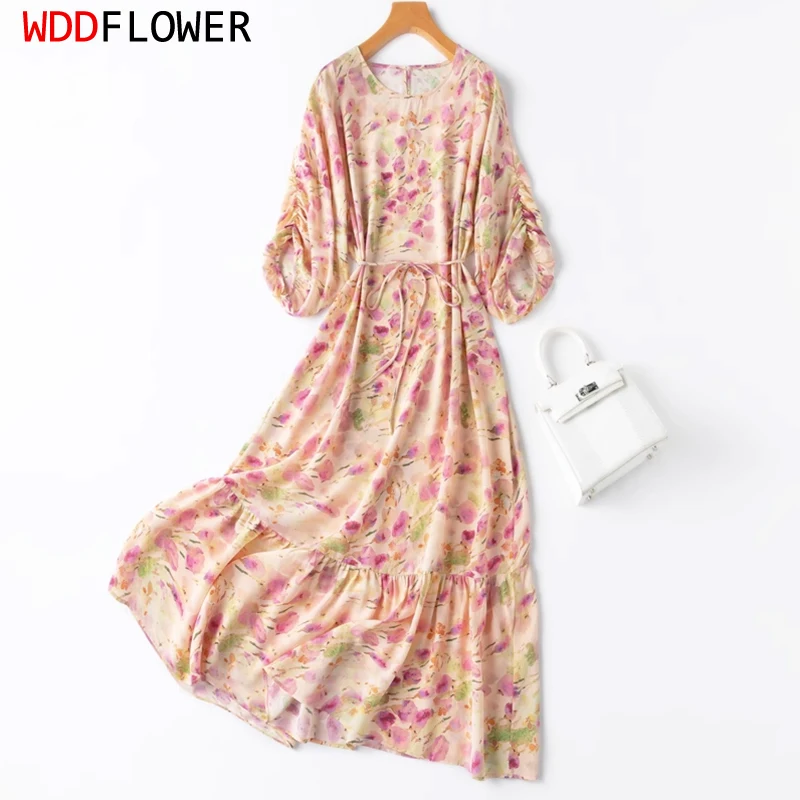 

Women Silk Midi Dress 100% Mulberry Crepe Silk Pink Flower Printed O Neck Half Sleeve Belted Waist Big Hem Long Dress MM935