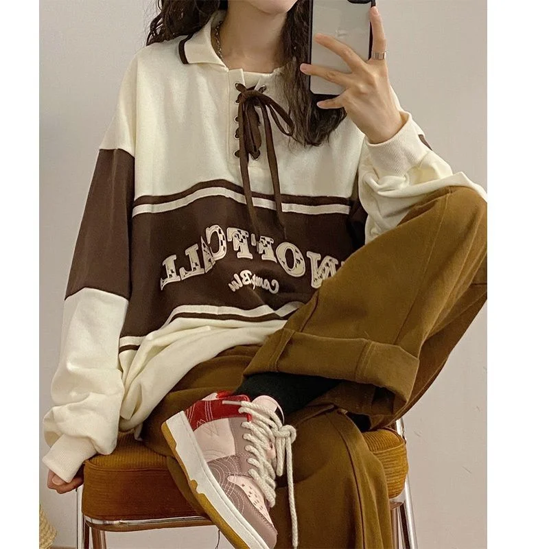 

Шикарная модная женская уличная одежда Hikigawa в стиле ретро с буквенным принтом контрастных цветов Свободная Толстовка с длинным рукавом Повседневный пуловер Топ для женщин