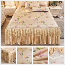 Ice Cooling Bed Skirt Set Flower Printed Bed Cover with Pillowcase for King Size Bed jupe de lit Skirt Sheets for Bed Queen Size