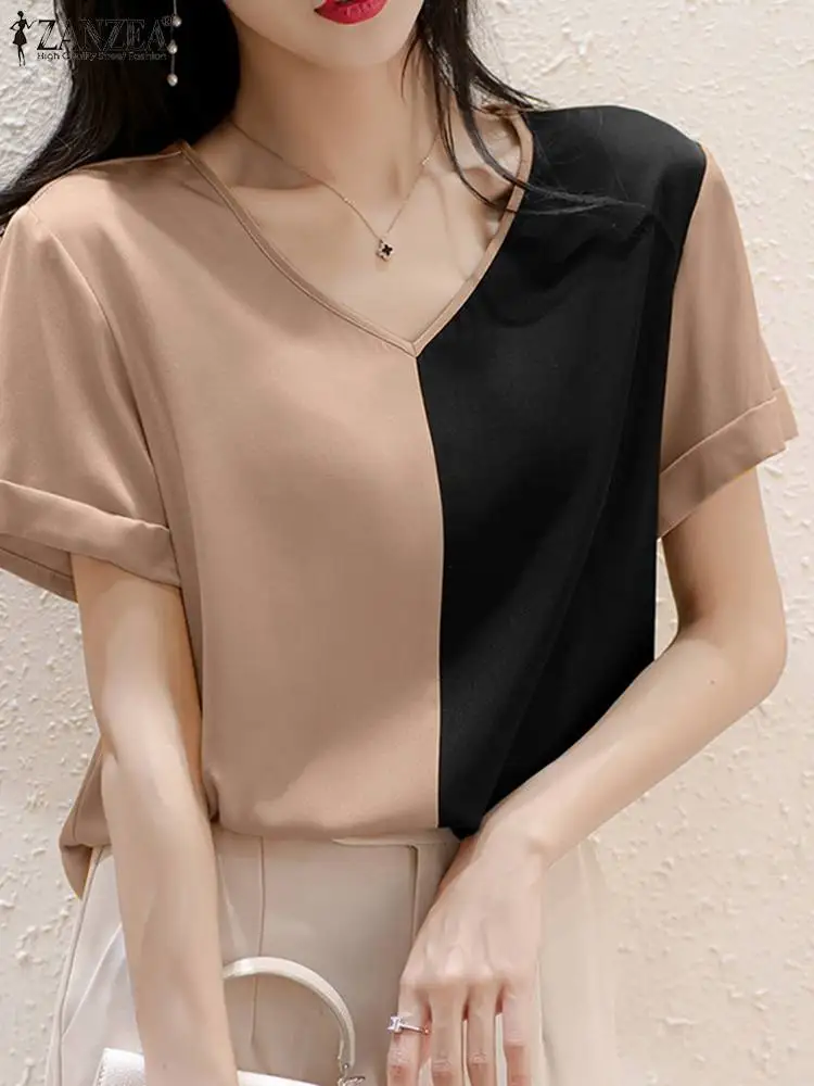 2023 ZANZEA Fashion Contrast Color Shirts For Women Summer Satin Blouse Short Sleeve V Neck Tops Elegant Work Blusas Femme Mujer
2023 ZANZEA Fashion Contrast Color Shirts For Women Summer Satin Blouse Short Sleeve V Neck Tops Elegant Work Blusas Femme Mujer