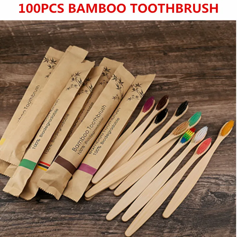 

100 Pcs Portable Bamboo Toothbrushes Eco Friendly Wooden Tooth Brush for Adults Children Customized Laser Engraving Logo