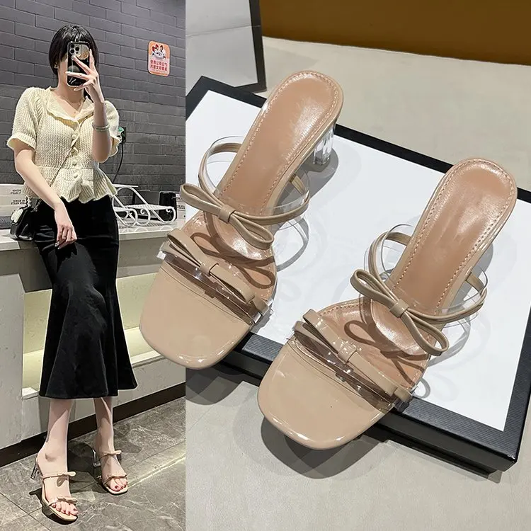 

2023 New Bowknot High Heels Fashion Square Head Open Toe Transparent Chunky Heel Slippers Summer Apricot Casual Party Shoes