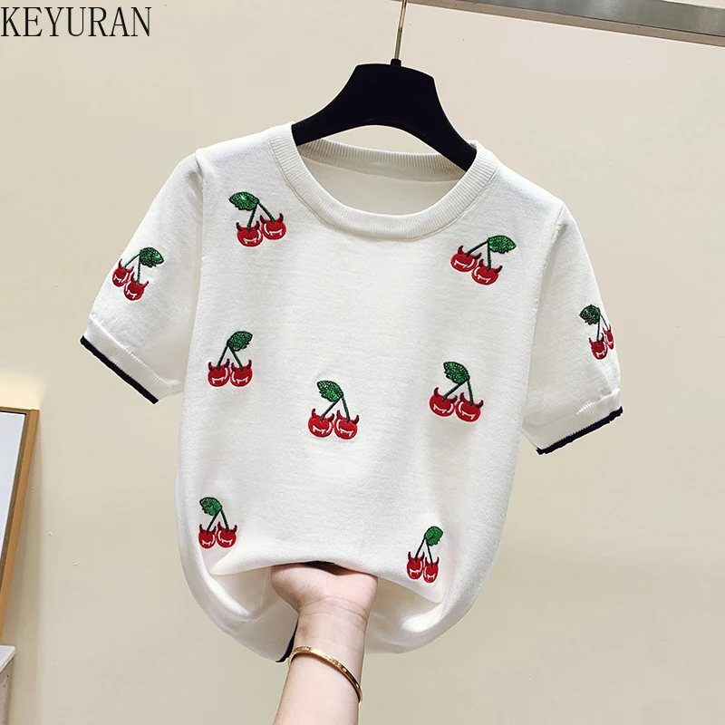 White Sequin Cherry Embroidery Summer Women T-Shirt Summer Fashion Loose Short Sleeve T Shirt Knitwear Top Female Casual Tee
White Sequin Cherry Embroidery Summer Women T-Shirt Summer Fashion Loose Short Sleeve T Shirt Knitwear Top Female Casual Tee