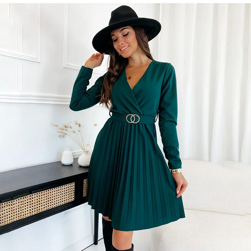 Autumn Winter New Mini Black Dress Fashion Casual V-neck Long Sleeve Lace Up Pleated Elegant Green Dresses For Women Robe Femme
Autumn Winter New Mini Black Dress Fashion Casual V-neck Long Sleeve Lace Up Pleated Elegant Green Dresses For Women Robe Femme