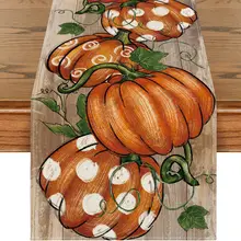 Autumn Pumpkin Eucalyptus Leaves Table Runner Linen Thanksgiving Dining Table Decoration Rustic Table Cover For Fall Festival