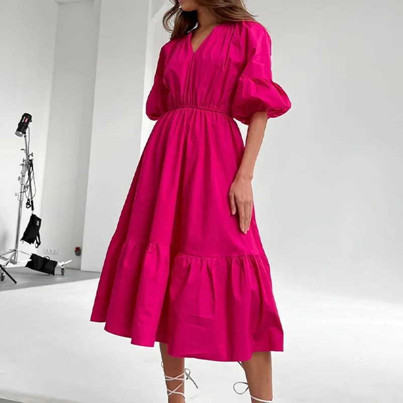 2023 Spring Women's Dress Temperament Solid Color V-neck Five-quarter Sleeve Elastic Belt Waist Ruffle Dresses
2023 Spring Women's Dress Temperament Solid Color V-neck Five-quarter Sleeve Elastic Belt Waist Ruffle Dresses