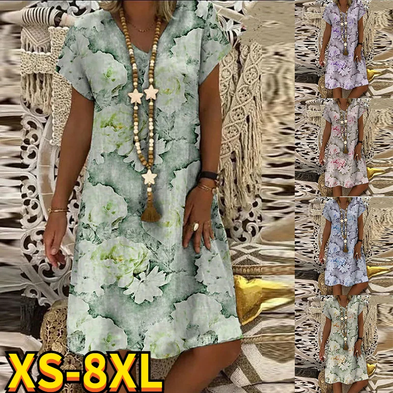 2022 Summer Women's Floral Theme Printed Painting Dresses V Neck Short Sleeves New Dress Knee Length Loosen Basic Female Dress 
2022 Summer Women's Floral Theme Printed Painting Dresses V Neck Short Sleeves New Dress Knee Length Loosen Basic Female Dress