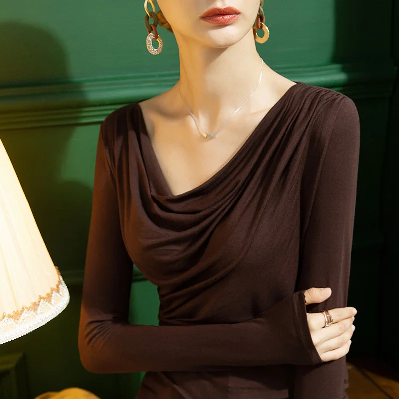 #5204 Long Sleeve T Shirt Women Black White Blue Brown V-neck Office T Shirt Female Folds Slim Folds Elegant Women T-shirt Sexy
#5204 Long Sleeve T Shirt Women Black White Blue Brown V-neck Office T Shirt Female Folds Slim Folds Elegant Women T-shirt Sexy