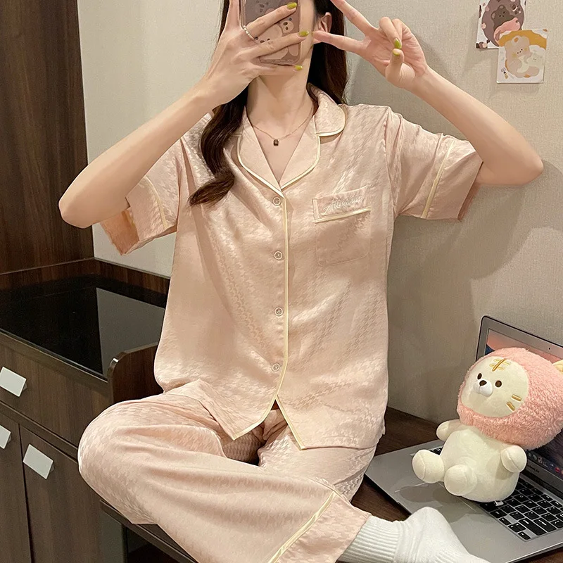 

Summer Short Sleeve Houndstooth Pajamas Trouser Pijamas Suits Women Two Piece Set Casual Thin Satin Home Clothes Loungewear