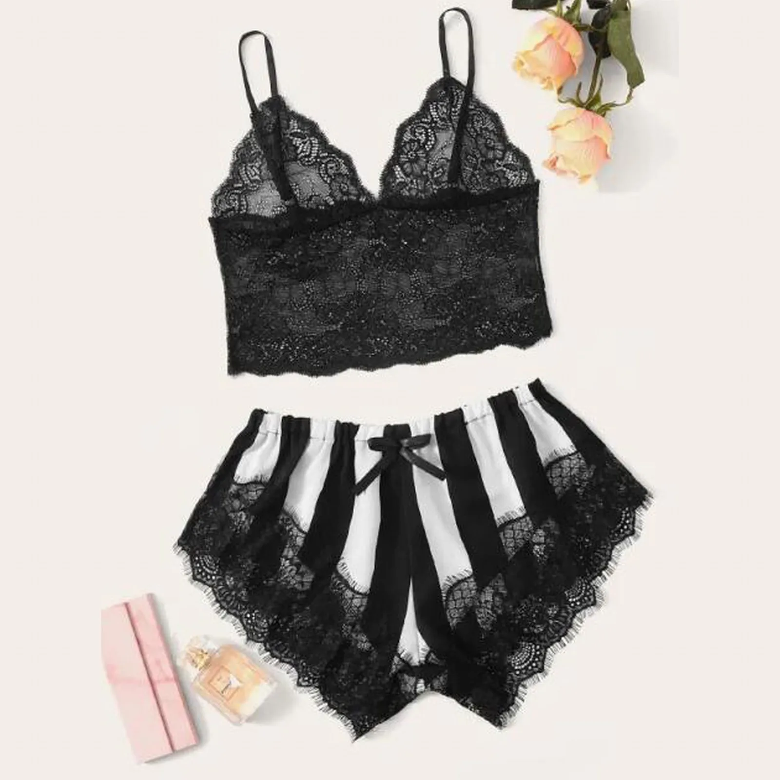 2 Piece Pajama Sets Women Lace Vest Striped Satin Deep V Neck Sleeveless Cami Top And Shorts Set Nightdress Pyjamas Sleepwear
2 Piece Pajama Sets Women Lace Vest Striped Satin Deep V Neck Sleeveless Cami Top And Shorts Set Nightdress Pyjamas Sleepwear