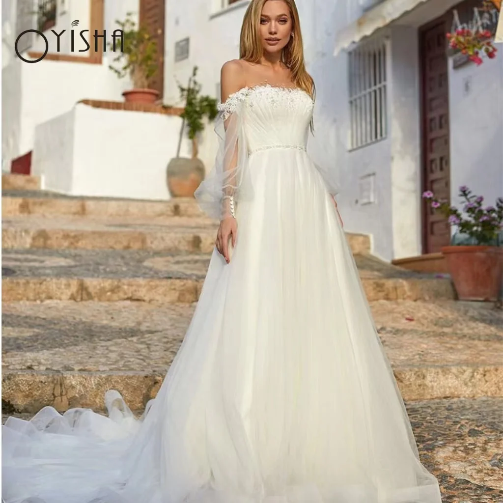OYISHA Elegant A Line Wedding Dresses 2023 O Neck Long Puff Sleeve Appliques Tulle Bridal Gown Beading Illusion Back With Button
OYISHA Elegant A Line Wedding Dresses 2023 O Neck Long Puff Sleeve Appliques Tulle Bridal Gown Beading Illusion Back With Button