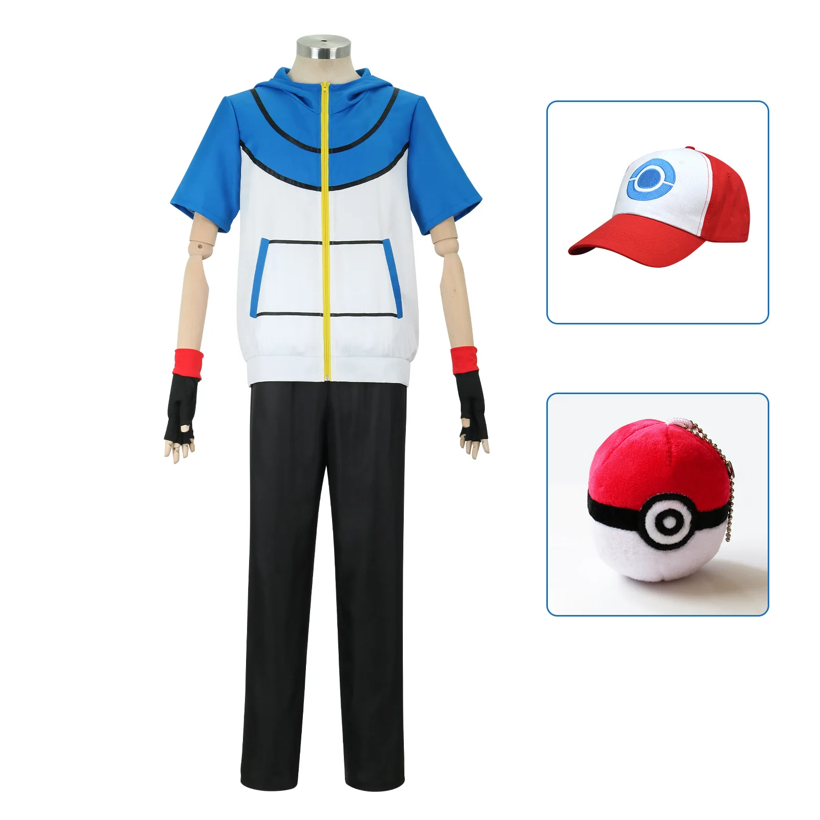 

Одежда для косплея NewPokemon из аниме «пепельный Кетчум», мужской синий пиджак, костюм для мальчиков и девочек, костюм для костюмированной тренировки, кепка «Покемон», комплект перчаток