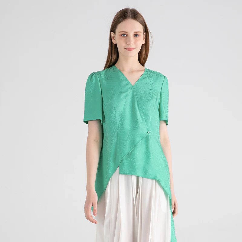(Fans Exclusive Discount) VOA Jacquard Silk V-Neck Short Sleeve Tops Asymmetric Swing Green T-shirt Women Clothes Summer BE1535
(Fans Exclusive Discount) VOA Jacquard Silk V-Neck Short Sleeve Tops Asymmetric Swing Green T-shirt Women Clothes Summer BE1535