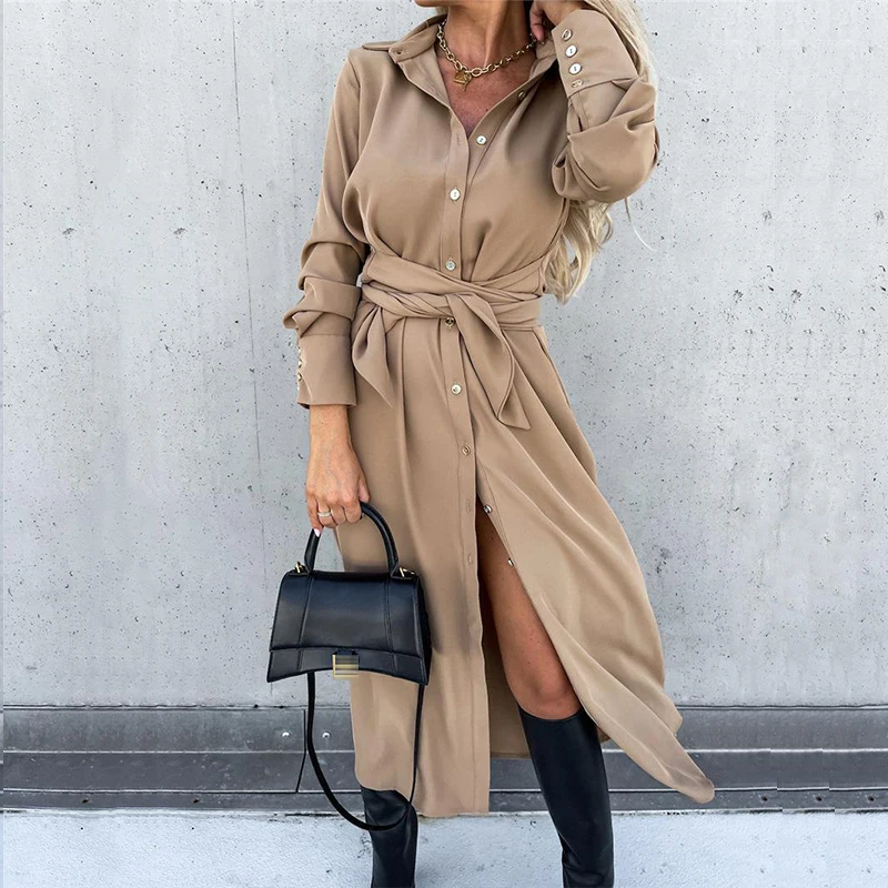 

Autumn Elegant Lapel Botton Long Dress Spring Women Fashion Crossover Lace-up Party Dress Casual Long Sleeve Solid Cover Up