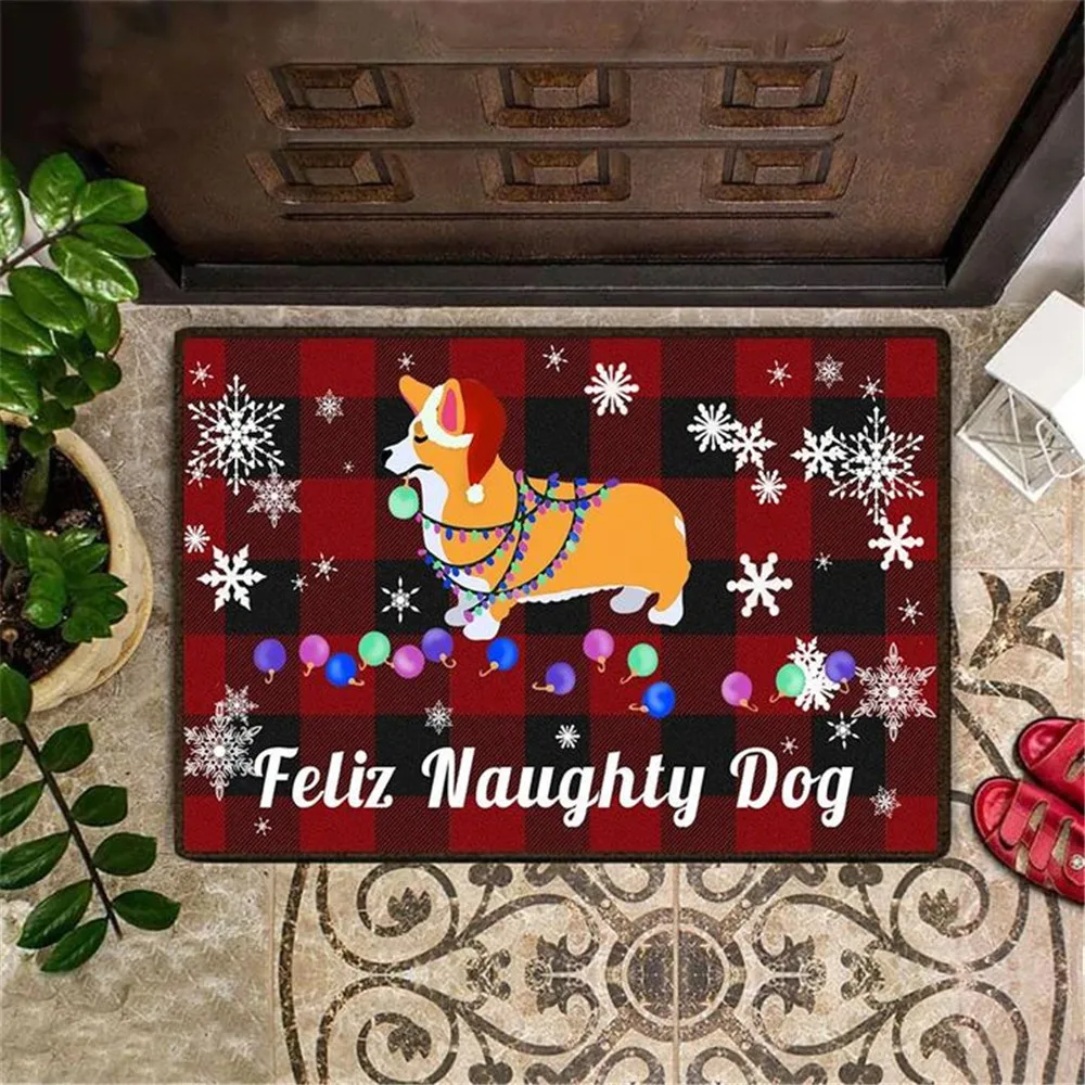 

CLOOCL Christmas DoorMat Feliz Naughty Dog Graphic 3D Print Entrance Mat Anti-slip and Stain Resistant Welcome Mats