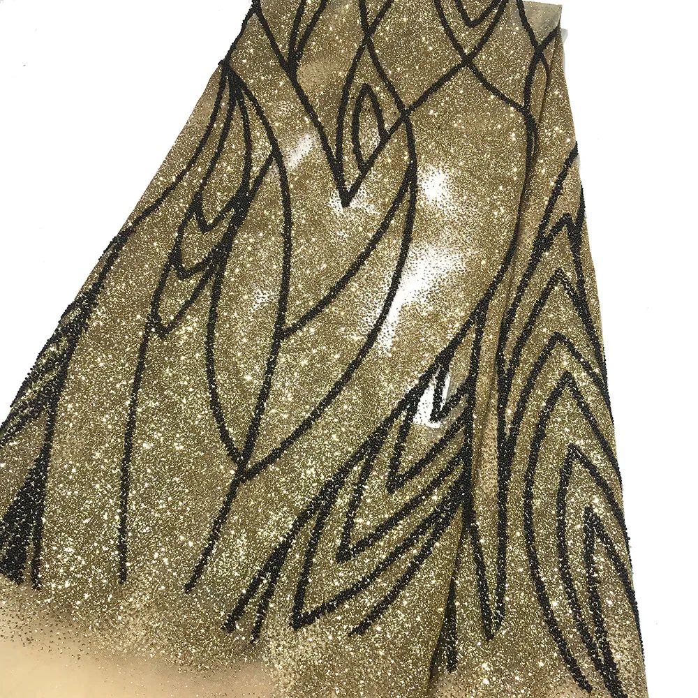 

Золотые блестящие кружева, приклеенные черные/серебряные бусины на сетке, Африканское Великолепное платье, блестящая Тюлевая Ткань для шитья нигерийского свадебного платья