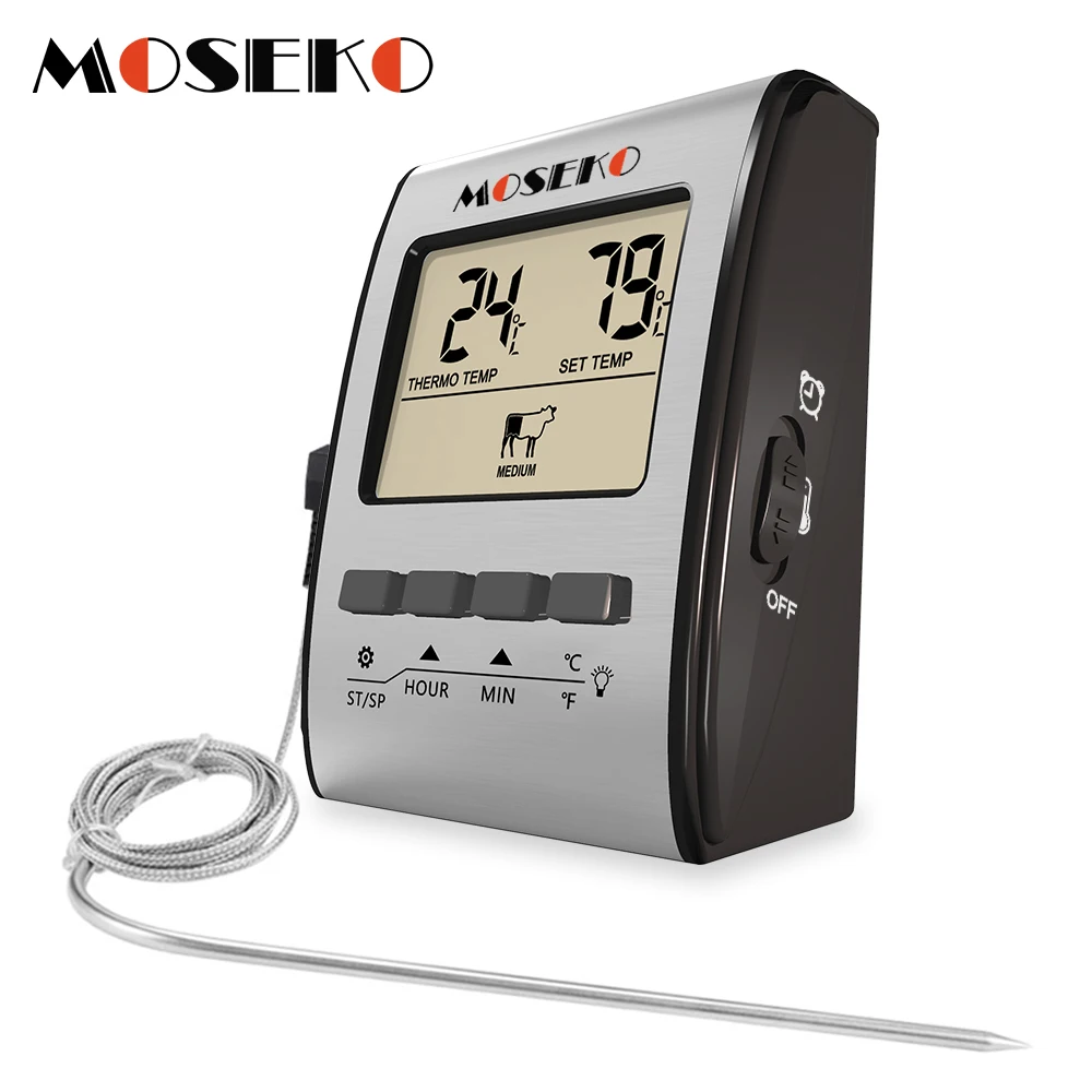 

Цифровой термометр MOSEKO для мяса, кухонный прибор для измерения температуры, для барбекю, гриля, духовки, с щупом и таймером, с подсветкой