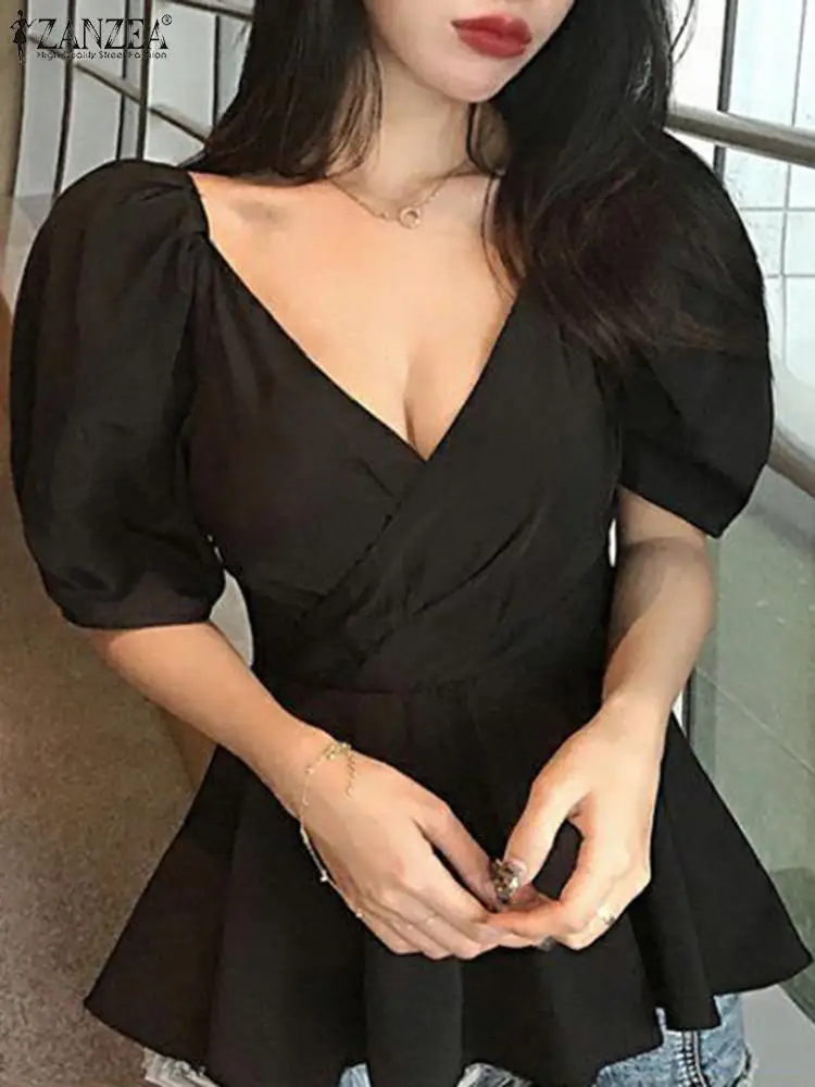 Элегантная туника ZANZEA с глубоким V-образным вырезом, пышными короткими рукавами, Женская Офисная рубашка с оборками, праздничная пикантная ... 
Элегантная туника ZANZEA с глубоким V-образным вырезом, пышными короткими рукавами, Женская Офисная рубашка с оборками, праздничная пикантная ...