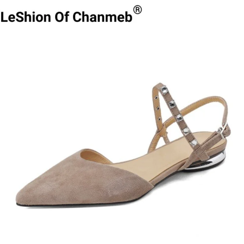 

Leshion Of Chanmeb Sheep Suede Women Flat Sandals With Sparky Rhinestone Buckle Strap Flats Pointed Toe Woman Covered Toe Sandal