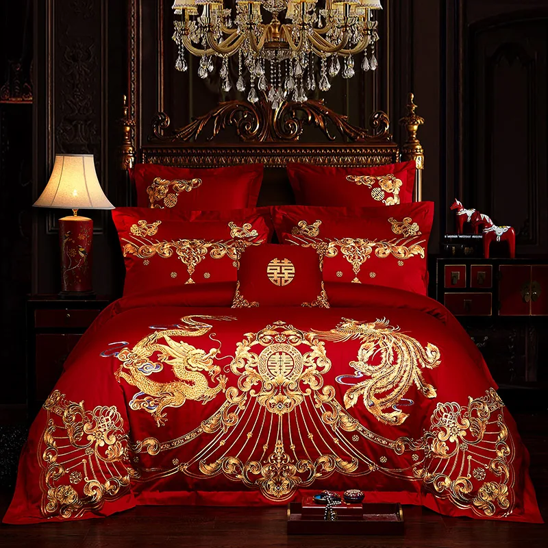 New Luxury Red 100% Cotton Gold Phoenix Loong Embroidery Chinese Wedding Bedding Set Duvet Cover Bed sheet Bedspread Pillowcases 
New Luxury Red 100% Cotton Gold Phoenix Loong Embroidery Chinese Wedding Bedding Set Duvet Cover Bed sheet Bedspread Pillowcases