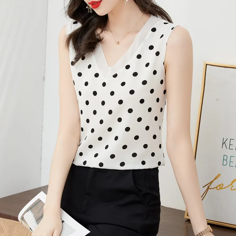 Summer Polka Dot Chiffon Blouses Shirt Short Seeved Women's 2022 New Loose Top Sleeveless Office Lady Female Bluas
Summer Polka Dot Chiffon Blouses Shirt Short Seeved Women's 2022 New Loose Top Sleeveless Office Lady Female Bluas