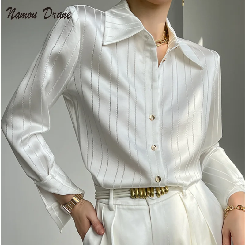 Namou Drane Stylish Loose Women Striped Shirts 2022 Spring Long Sleeve Single-breasted Female Satin Blouses Ladies Tops woman 
Namou Drane Stylish Loose Women Striped Shirts 2022 Spring Long Sleeve Single-breasted Female Satin Blouses Ladies Tops woman